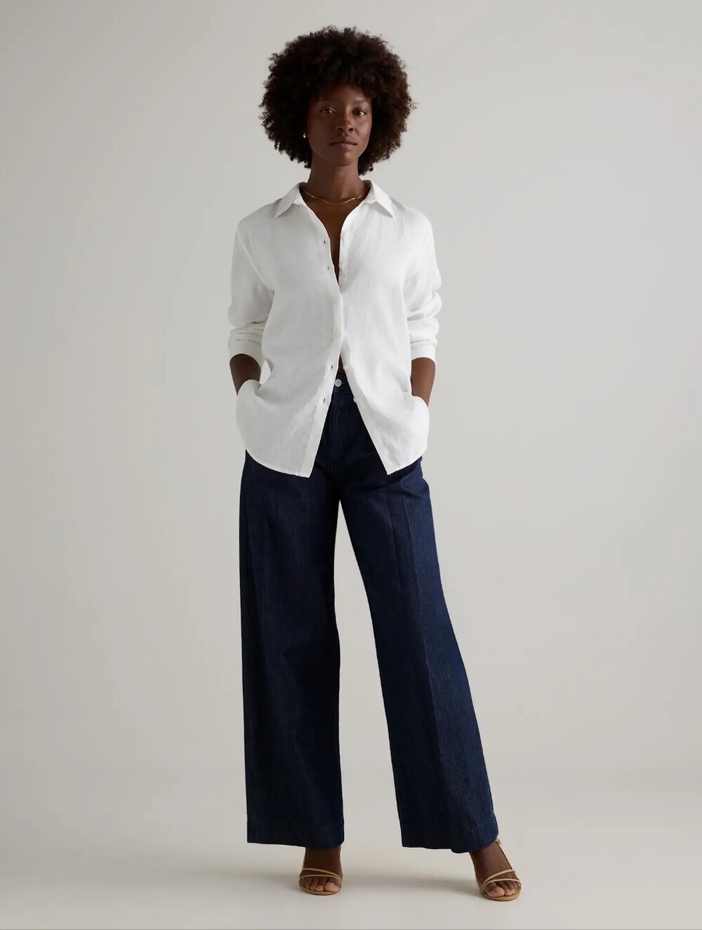 Quince Linen Long Sleeve Button Down Shirt White